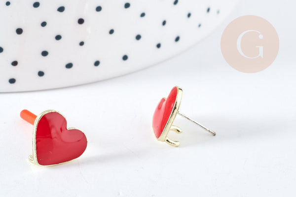 Support Boucles puces zamac doré coeur émail rouge avec anneau 11.5mm, la paire (G8609)