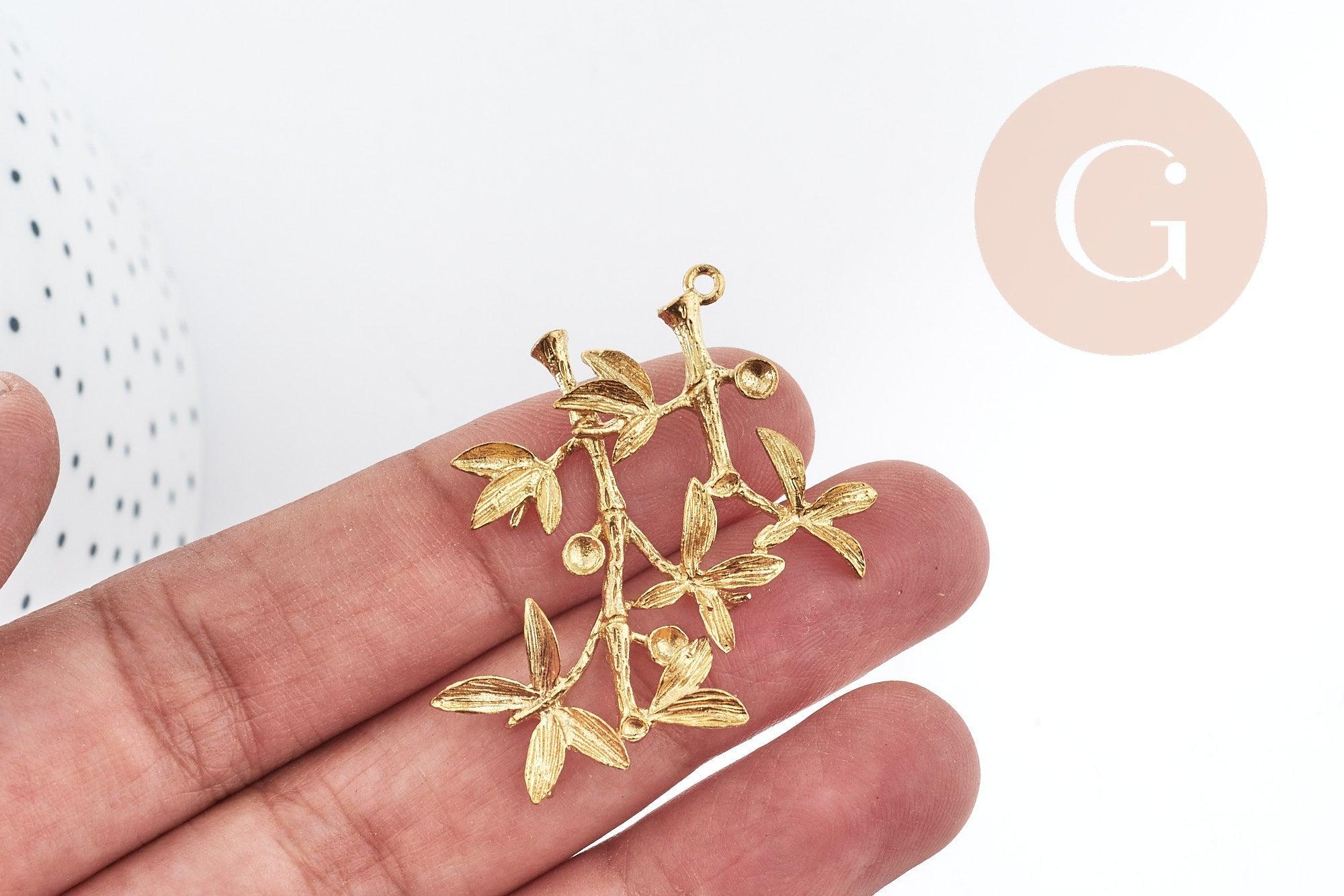 Support Pendentif feuille Bambou laiton brut 44mm, x1 (G9006)