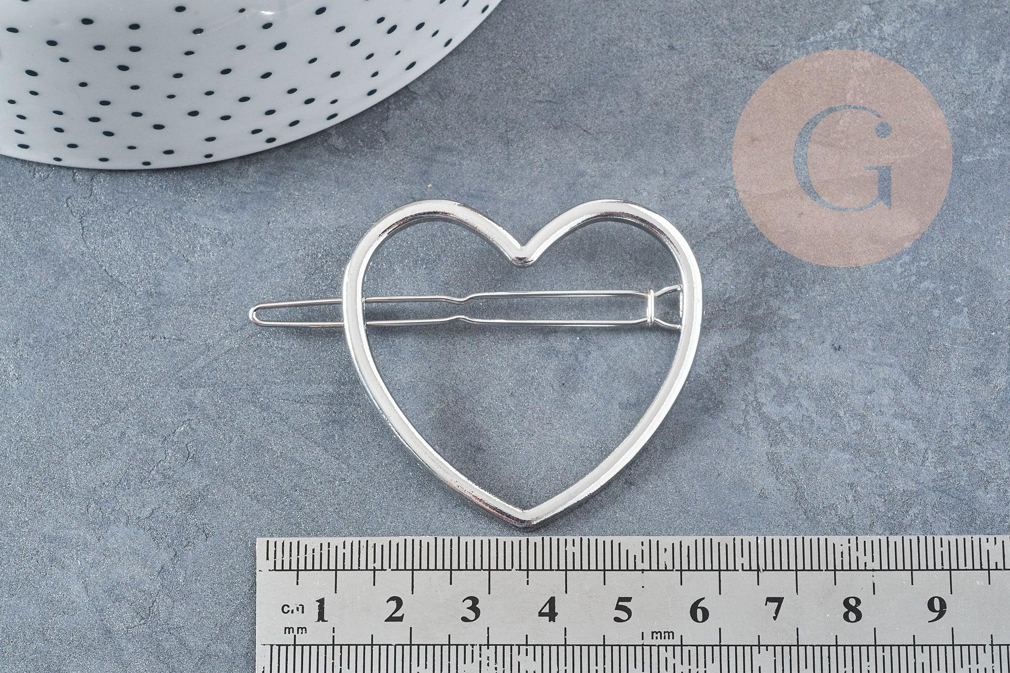 Support barrette coeur métal argenté 48.5mm, x1 (G8833)