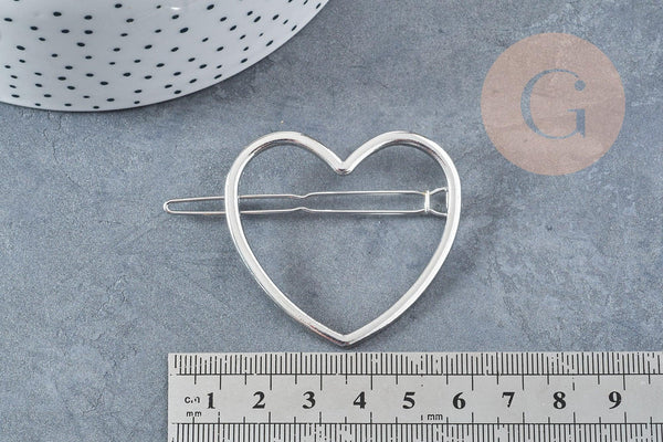 Support barrette coeur métal argenté 48.5mm, x1 (G8833)