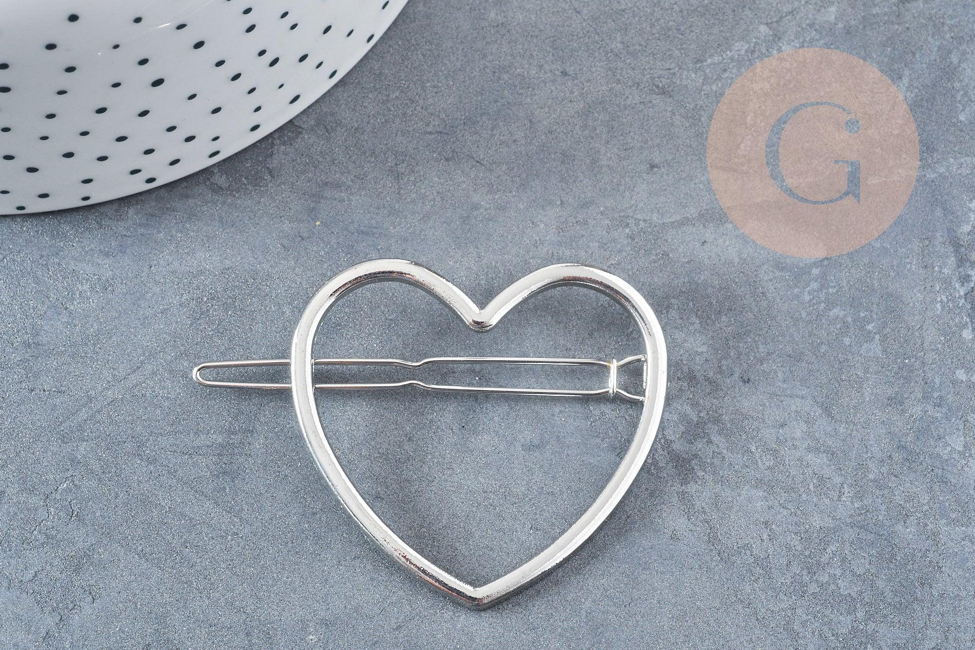 Support barrette coeur métal argenté 48.5mm, x1 (G8833)