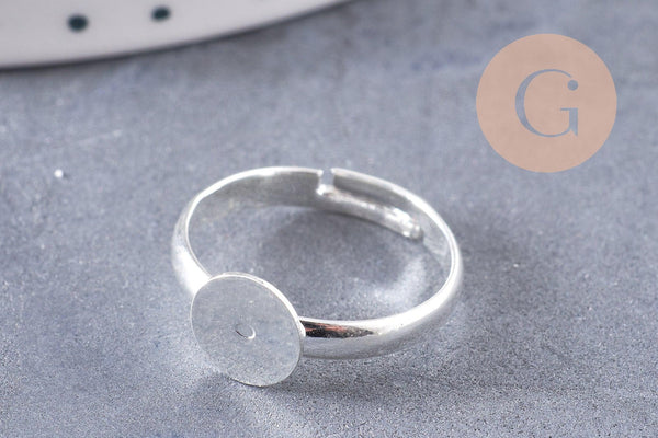 Supports bague reglable argentés plateau 8mm, x4 (G0506)