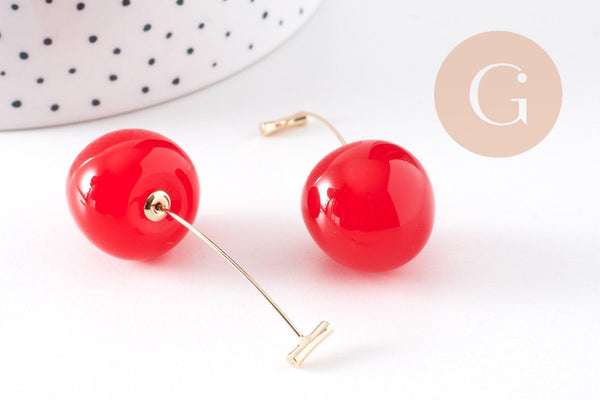 boucles d'oreille cerise résine rouge zamac doré 50mm, la paire (G10355)