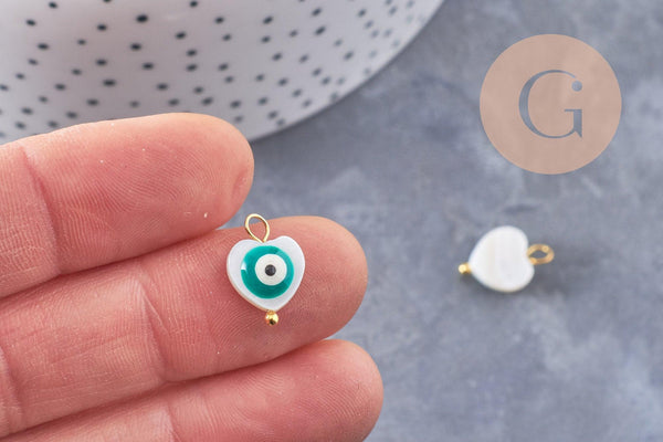 breloque coeur nacre blanche mauvais oeil zamac turquoise doré 15mm, x2 (G10068)