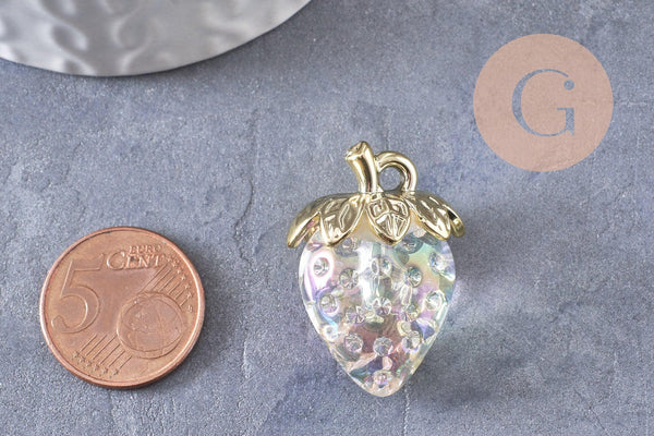 breloque fraise résine transparent laiton doré 28.5mm, x1 (G10411)