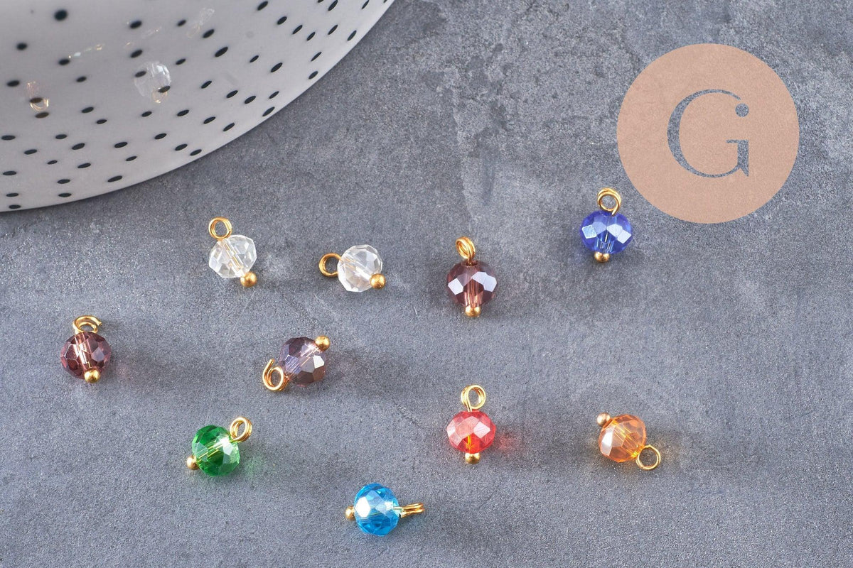 Pendentif perle verre facetté laiton doré, pendentif doré verre artisanal, 9.5x5.5-6mm, X10 (G5040)