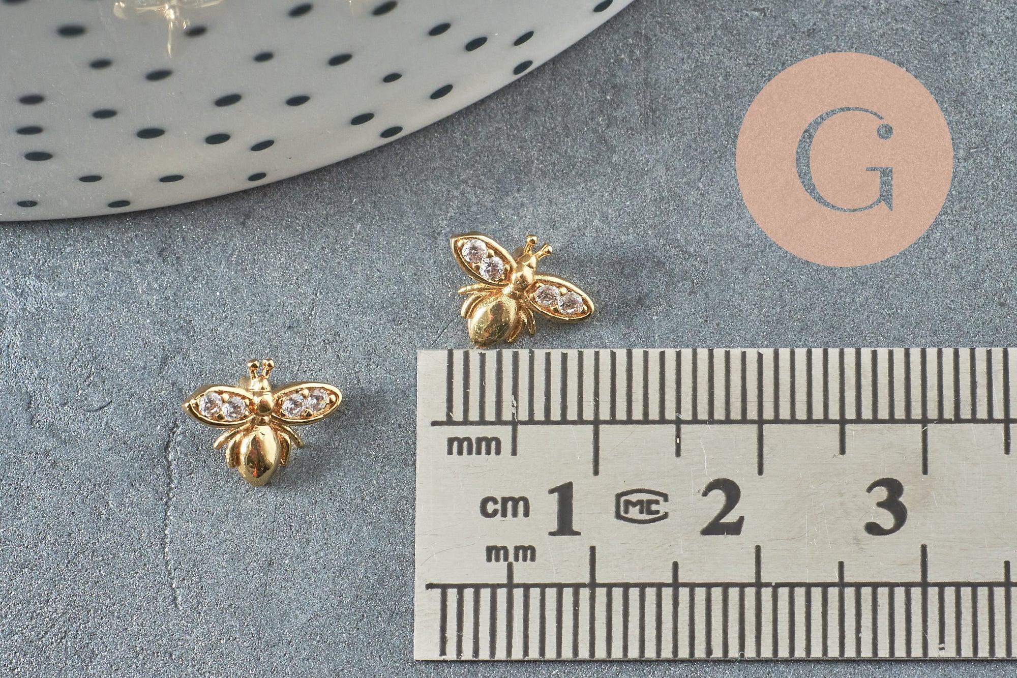 EP-cabochon abeille avec tige à coller laiton doré zircons 10mm, x1 (G10533)