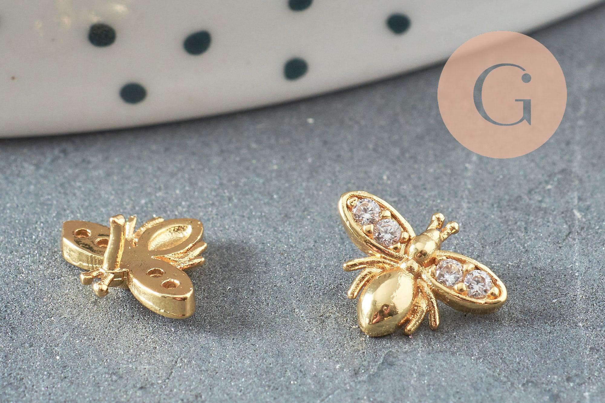 EP-cabochon abeille avec tige à coller laiton doré zircons 10mm, x1 (G10533)