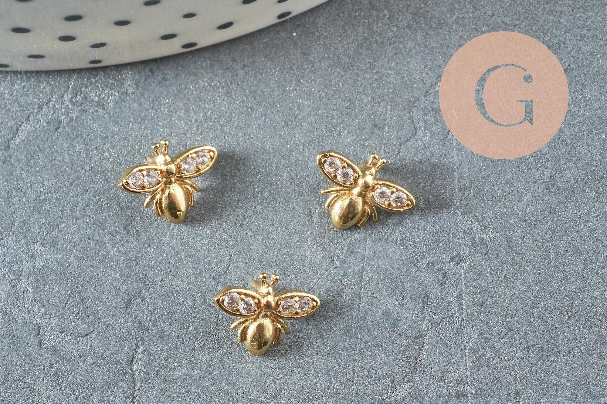 EP-cabochon abeille avec tige à coller laiton doré zircons 10mm, x1 (G10533)