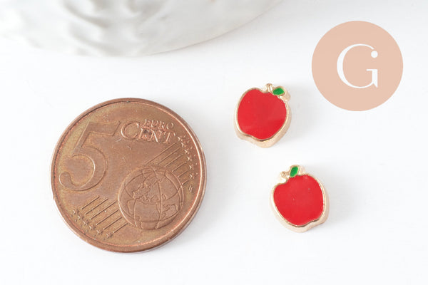 cabochon pomme rouge zamac doré 8.8mm, x2 (G4278)