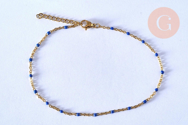 chaine de cheville acier doré 14k résine bleu foncé chaine dorée 1.5-2mm/23cm, x1 (G5405)