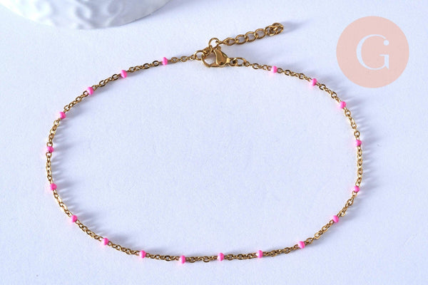 chaine de cheville acier doré 14k résine rose foncé chaine dorée, 1.5-2mm/23cm, x1 (G3745)