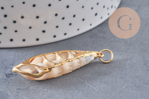 coquillage naturel blanc doré 43-47mm, pendentif argent création bijoux, x1 (G2087)