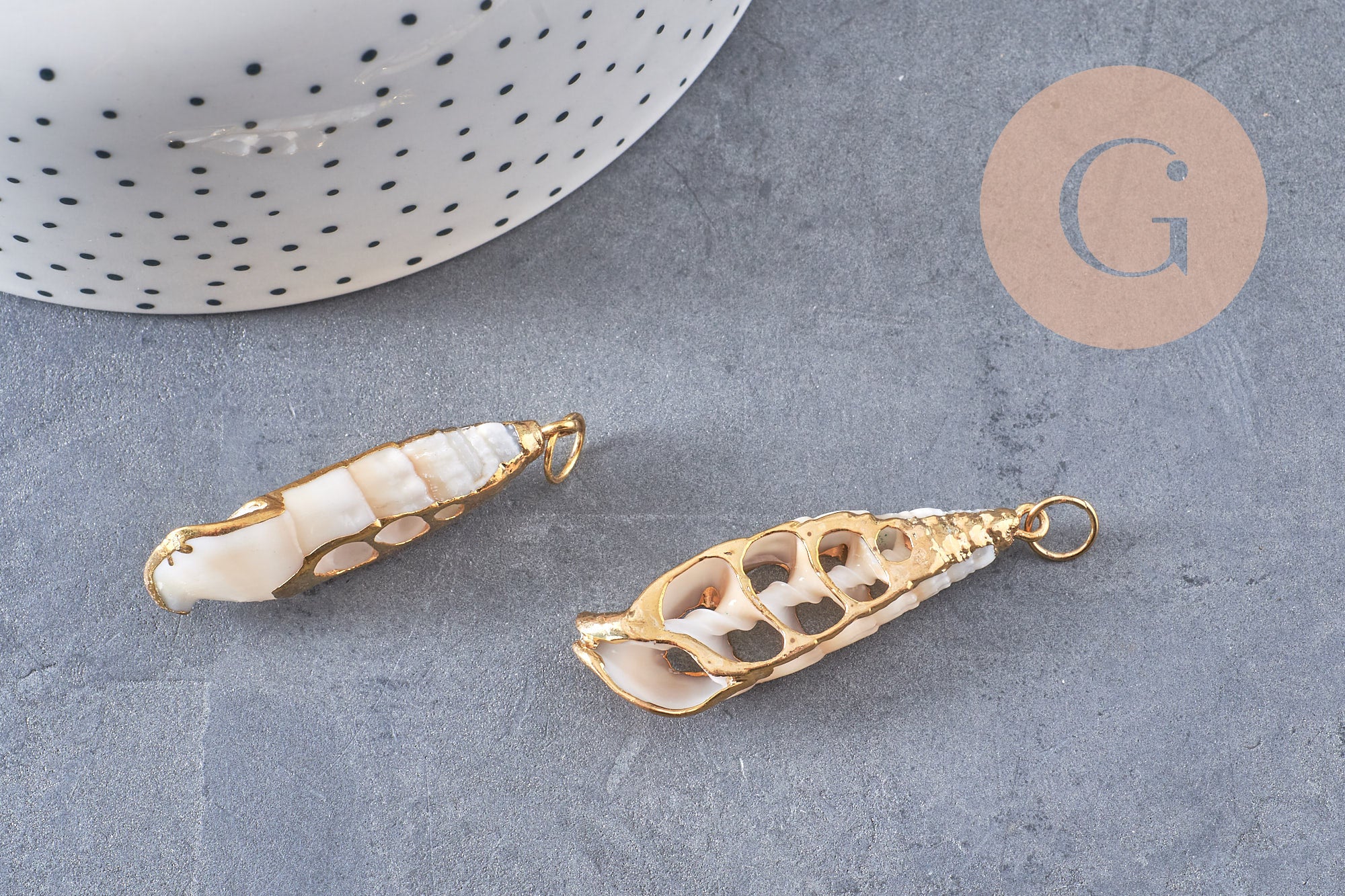 coquillage naturel blanc doré 43-47mm, pendentif argent création bijoux, x1 (G2087)