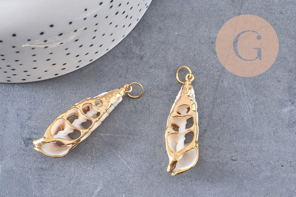 coquillage naturel blanc doré 43-47mm, pendentif argent création bijoux, x1 (G2087)