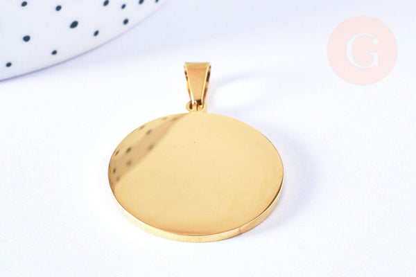 Pendentif rond acier doré à graver 34mm, x1 (G6789)