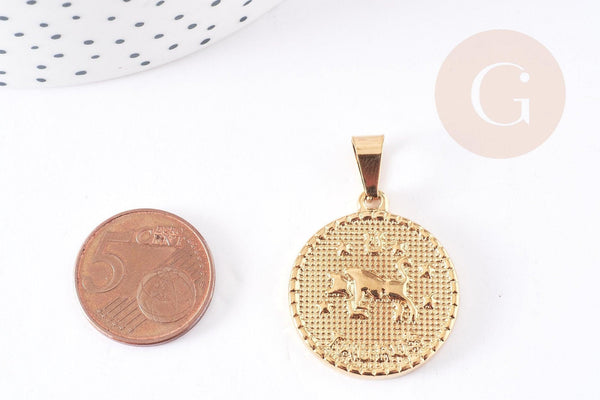 Pendentif médaille ronde Taureau acier dor é29mm, x1 (G0106)