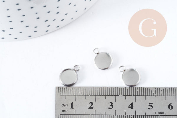 Pendentifs Supports cabochons ronds acier 304 inoxydable platine 8mm, x10 (G8941)