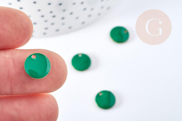 pendentif breloque plate ronde en laiton brut émail vert 10mm, x 5 (G8553)