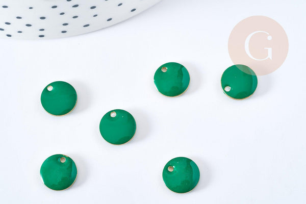 pendentif breloque plate ronde en laiton brut émail vert 10mm, x 5 (G8553)