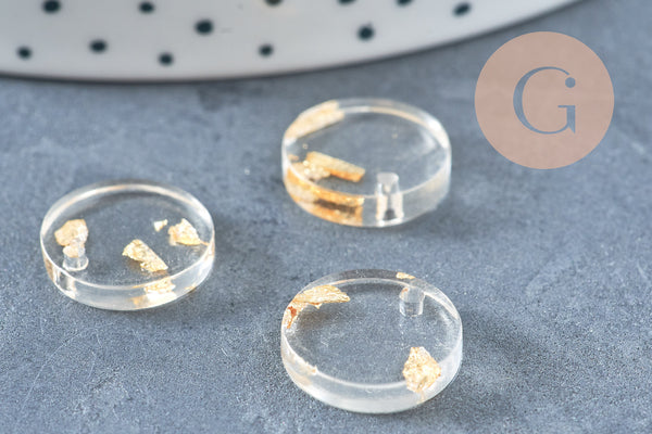 pendentif disque acétate transparent feuille d'or, Perle géométrique ronde pour création bijoux 13.5mm, x5 G4659