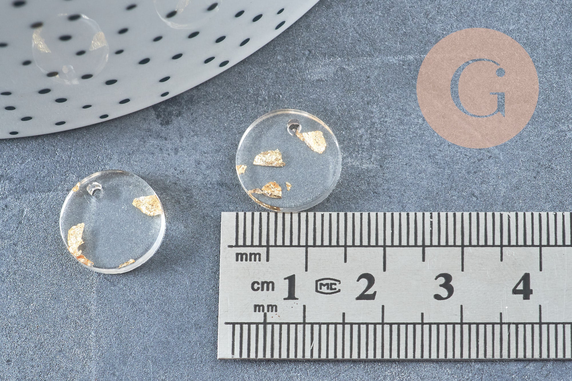 pendentif disque acétate transparent feuille d'or, Perle géométrique ronde pour création bijoux 13.5mm, x5 G4659
