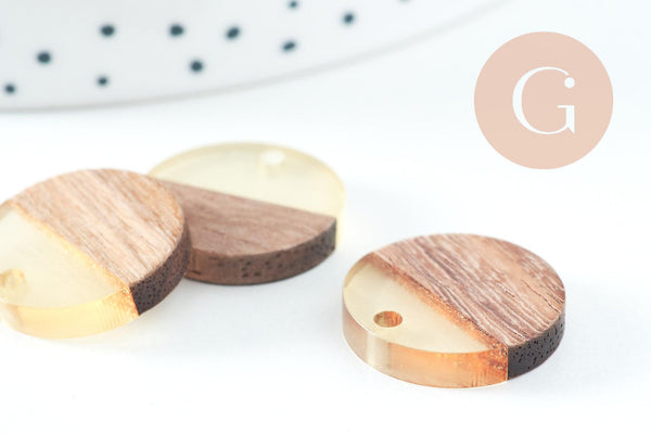 pendentif disque bois résine, bois naturel, perles bois, Perles géométriques,perle ronde,perle ronde bois ,18mm, x5 G1880