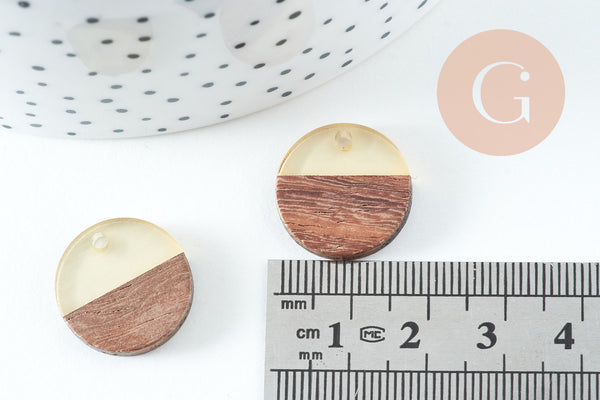 pendentif disque bois résine, bois naturel, perles bois, Perles géométriques,perle ronde,perle ronde bois ,18mm, x5 G1880