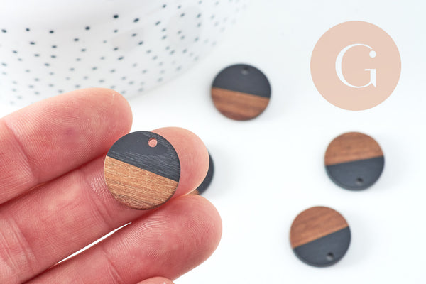 pendentif disque bois résine noire 18mm, création bijoux bois, x5 G2947