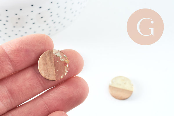 pendentif disque bois résine paillettes, bois naturel, perle bois rond, Perle géométrique,perle ronde,création bijoux bois,18mm, x5, G1994