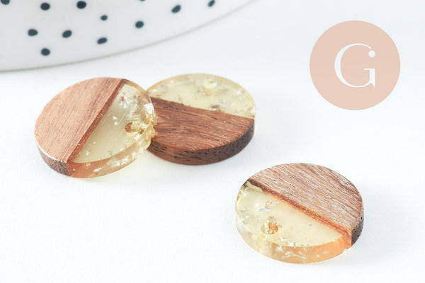 pendentif disque bois résine paillettes, bois naturel, perle bois rond, Perle géométrique,perle ronde,création bijoux bois,18mm, x5, G1994