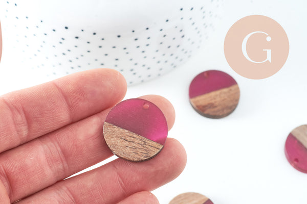 pendentif disque bois résine prune,bois naturel,perles bois,Perle géométrique,perle ronde,perle ronde bois,25mm,x5 G4639