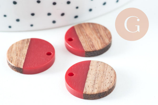pendentif disque bois résine rouge 18mm, création bijoux bois, x5 G0332