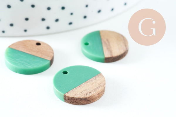 pendentif disque bois résine verte 18mm, création bijoux bois, x5 G0329