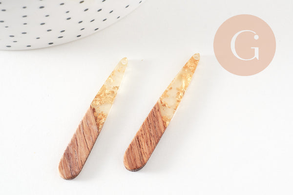 pendentif goutte bois résine feuille d'or 44mm, bois naturel,création bijoux bois,x2,G2518