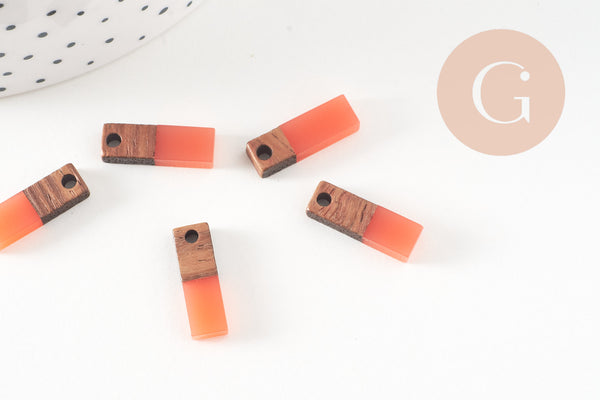 pendentif goutte bois résine rectangle orange corail 17mm,x5 (G4662)