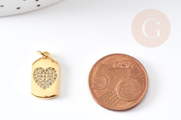 pendentif médaille rectangle coeur laiton doré 18k cristal sans nickel,création bijoux,pendentif amour, 17x10mm, x1 G3479