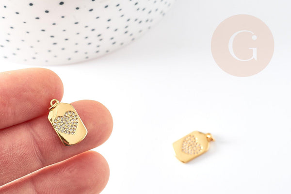 pendentif médaille rectangle coeur laiton doré 18k cristal sans nickel,création bijoux,pendentif amour, 17x10mm, x1 G3479