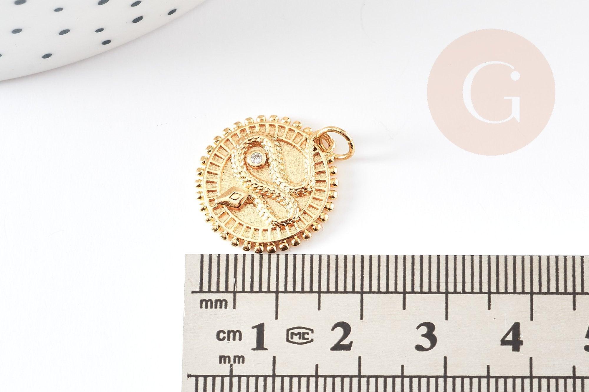 Pendentif médaille serpent laiton doré 18k cristal 18.5mm, pendentif animal zircon, x1 (G4279)