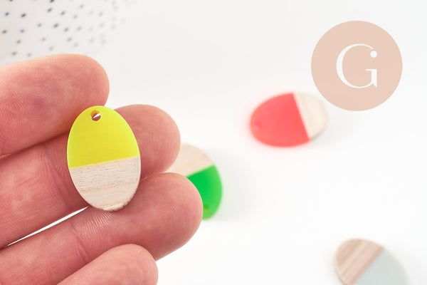 pendentif ovale bois résine colorée, perle bois naturel, Perle géométrique,perle création bijoux bois,23mm,x5 G4640