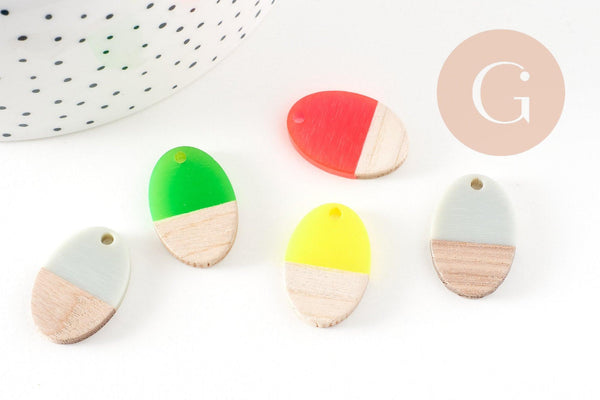 pendentif ovale bois résine colorée, perle bois naturel, Perle géométrique,perle création bijoux bois,23mm,x5 G4640