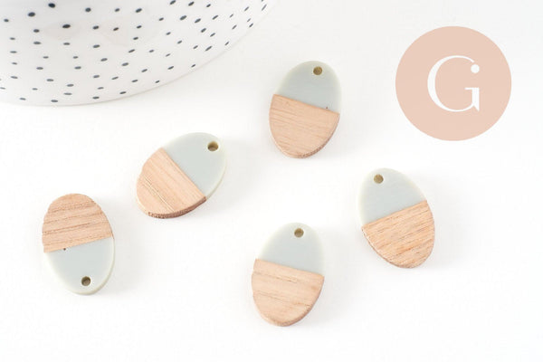 pendentif ovale bois résine gris, perle bois naturel, Perle géométrique,perle création bijoux bois,23mm,x5 G7529