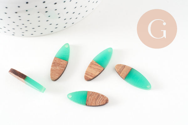 pendentif ovale bois résine verte, bois naturel,perle bois, Perle géométrique,perle ovale,création bijoux bois,28mm, 5x G7530