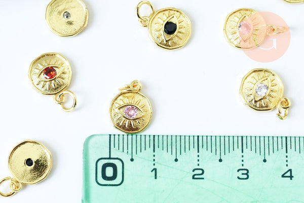 pendentif rond oeil protecteur laiton doré 18k zircon coloré 12mm,x1 (G5997)