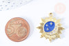 pendentif soleil lune étoiles bleu zamac doré 18k cristal zircon 26mm, x1 (G6682)
