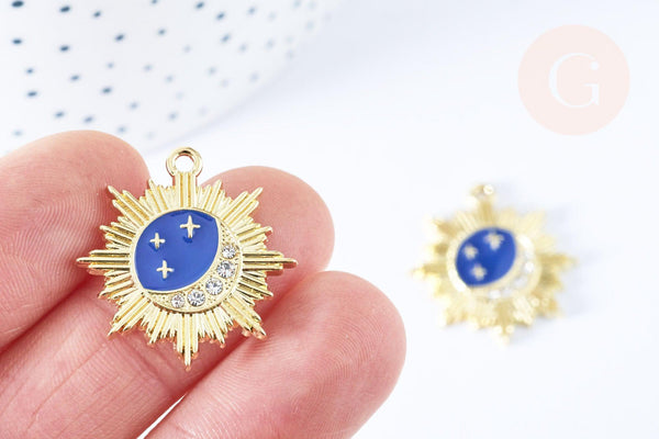 pendentif soleil lune étoiles bleu zamac doré 18k cristal zircon 26mm, x1 (G6682)