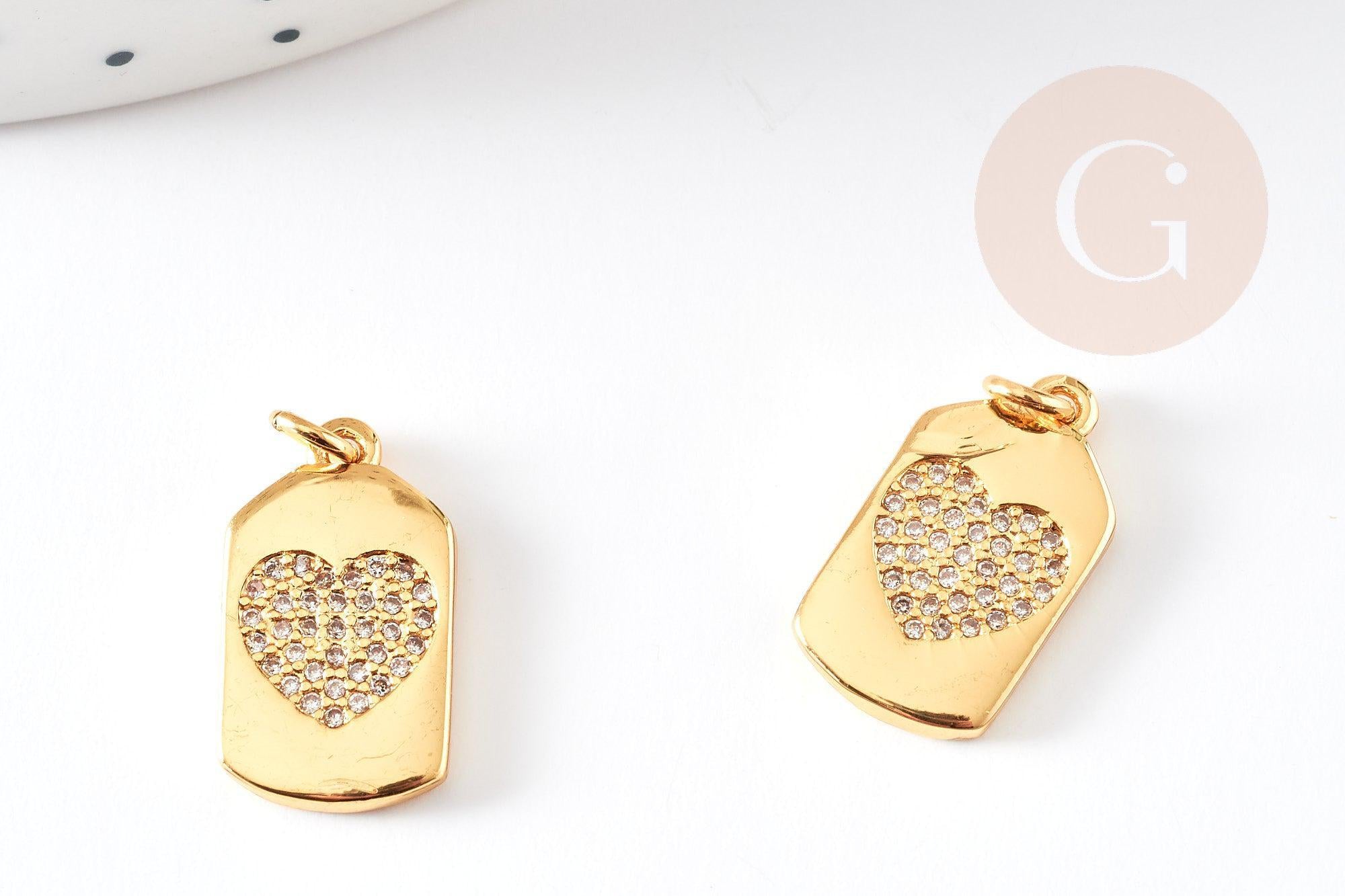 pendentifrectangle coeur laiton doré 18k cristal sans nickel 17mm, x1 (G3479)