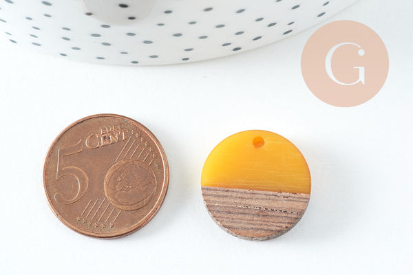 perle disque bois résine jaune 18mm,création bijoux bois x5 G1804