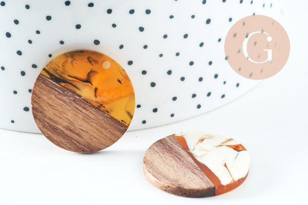 perle disque bois résine multicolore 28mm,création bijoux bois x2 (G5578)