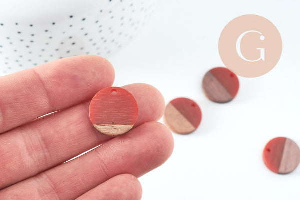 perle disque bois résine orange 18mm,création bijoux bois, x5, G3403